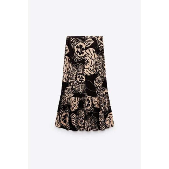 NWOT Zara linen blend botanical print brown & butter tan high waist skirt, XS - Picture 7 of 12